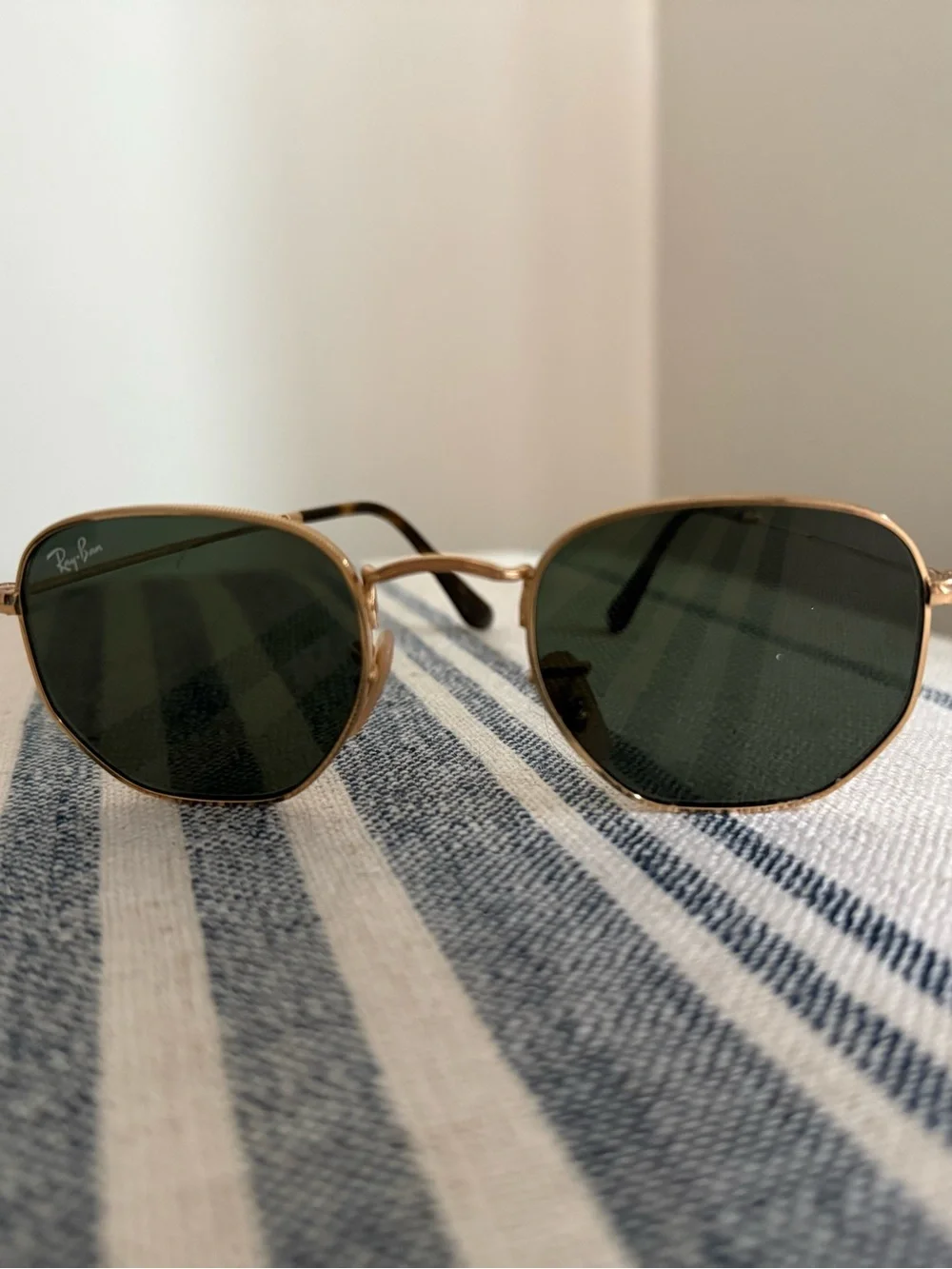 Ray-Ban Hexagonal Gold Frame Sunglasses with Green Lenses